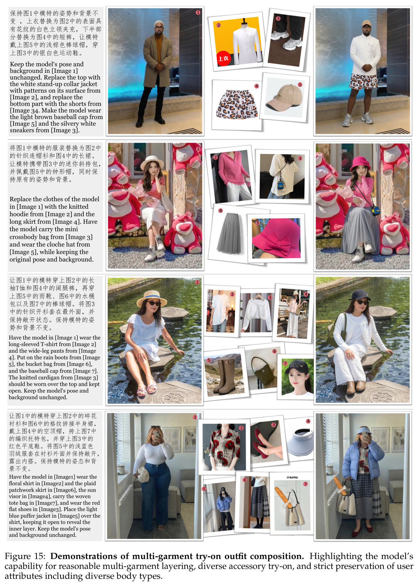 Demonstrations of multi-garment try-on outfit composition.