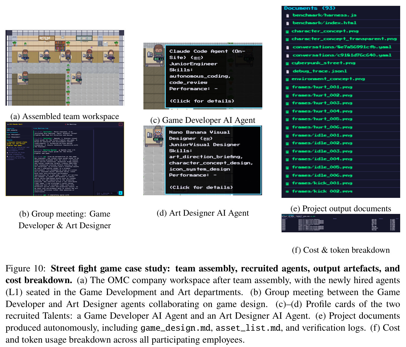 Street fight game case study: team assembly, recruited agents, output artefacts, and cost breakdown.