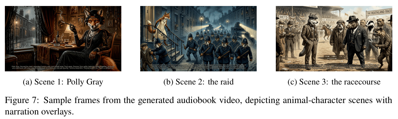 Sample frames from the generated audiobook video, depicting animal-character scenes with narration overlays.