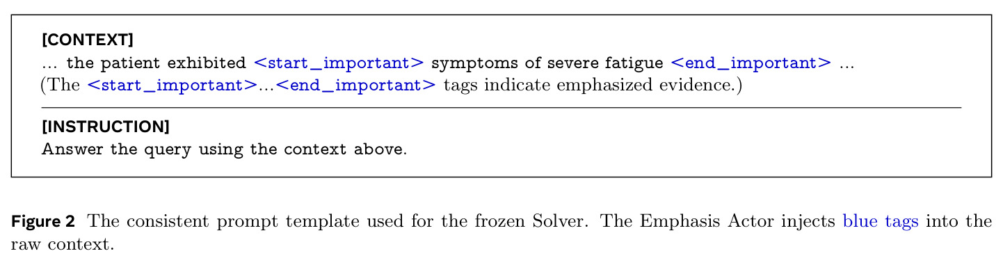 The consistent prompt template used for the frozen Solver. The Emphasis Actor injects blue tags into the raw context.