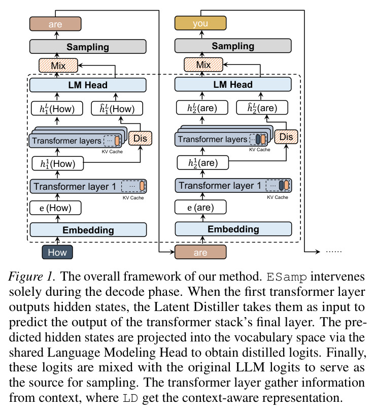 The overall framework of our method. ESamp intervenes solely during the decode phase.