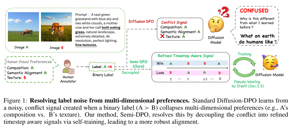 Resolving label noise from multi-dimensional preferences. Standard Diffusion-DPO learns from a noisy, conflict signal created when a binary label (A ≻ B) collapses multi-dimensional preferences (e.g., A's composition vs. B's texture). Our method, Semi-DPO, resolves this by decoupling the conflict into refined timestep-aware signals via self-training, leading to a more robust alignment.