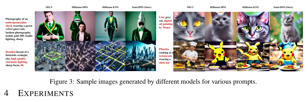 Sample images generated by different models for various prompts.