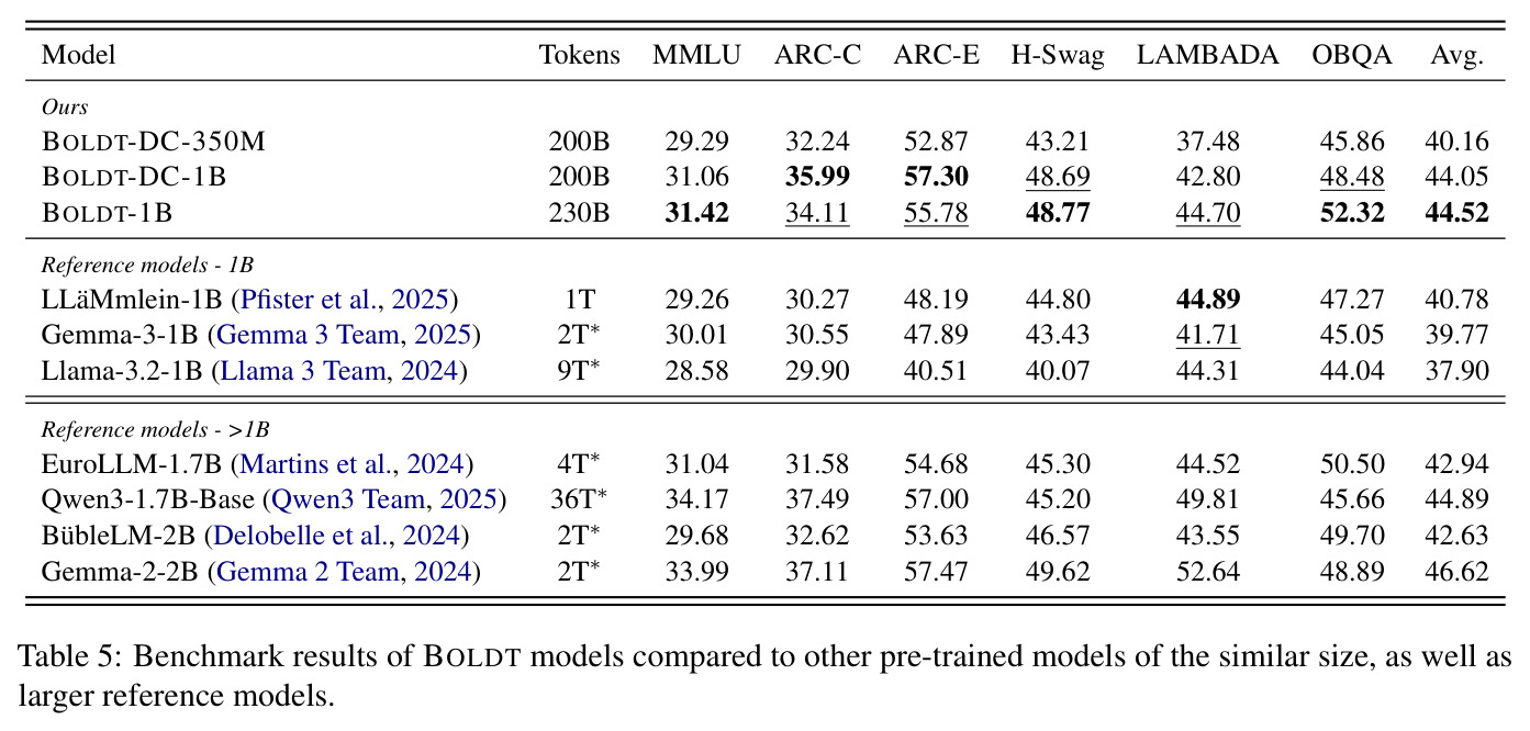 Benchmark results of BOLDT models compared to other pre-trained models of the similar size, as well as larger reference models.