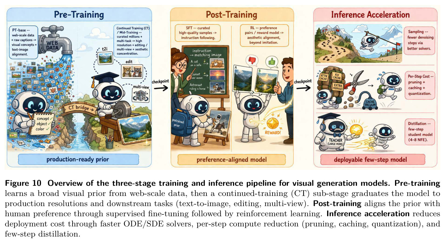 Overview of the three-stage training and inference pipeline for visual generation models.
