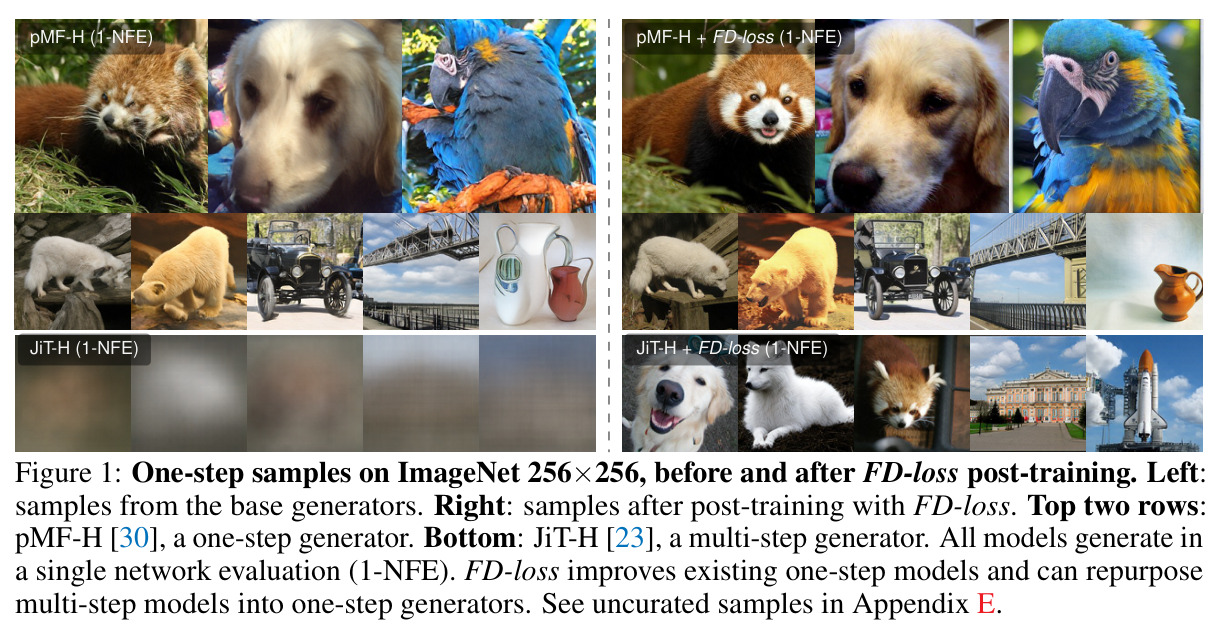 One-step samples on ImageNet 256×256, before and after FD-loss post-training.