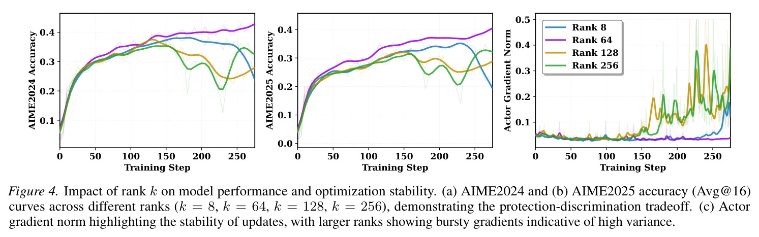 Impact of rank k on model performance and optimization stability