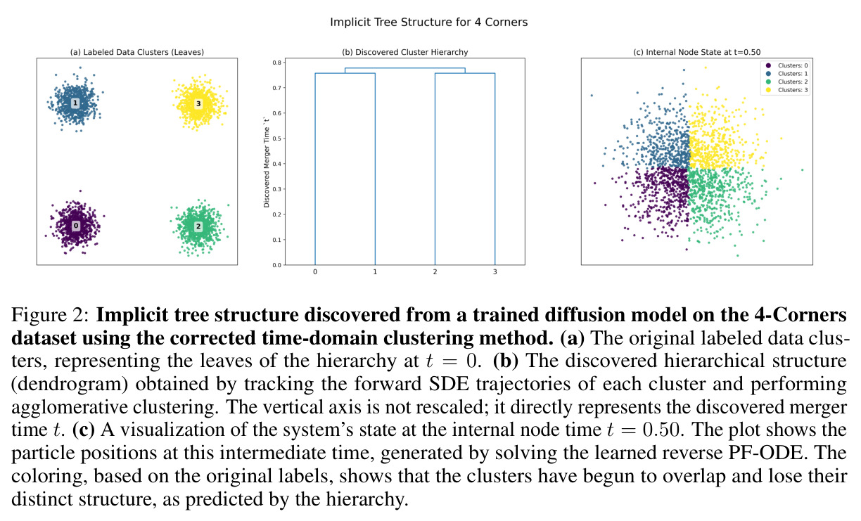 Implicit tree structure discovered from a trained diffusion model on the 4-Corners dataset