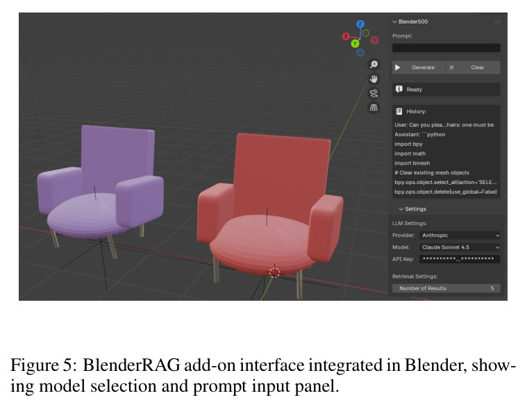 BlenderRAG add-on interface integrated in Blender, showing model selection and prompt input panel