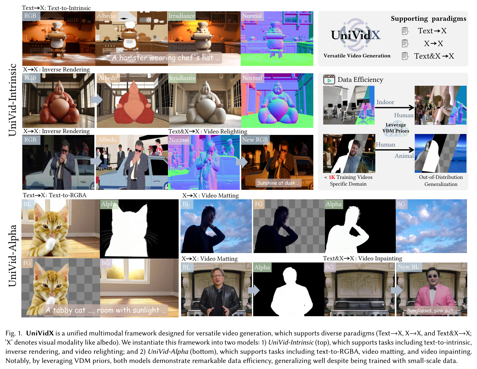 UniVidX 概览图，展示其支持的多样化范式（Text→X、X→X、Text&X→X）以及 UniVid-Intrinsic 与 UniVid-Alpha 两个实例化模型的应用场景。