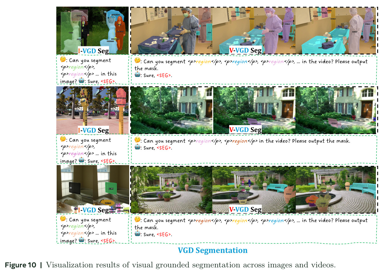 Visualization results of visual grounded segmentation across images and videos.