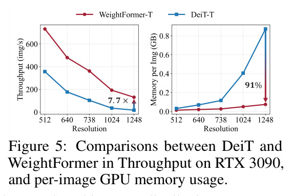 Comparisons between DeiT and WeightFormer in Throughput and per-image GPU memory usage