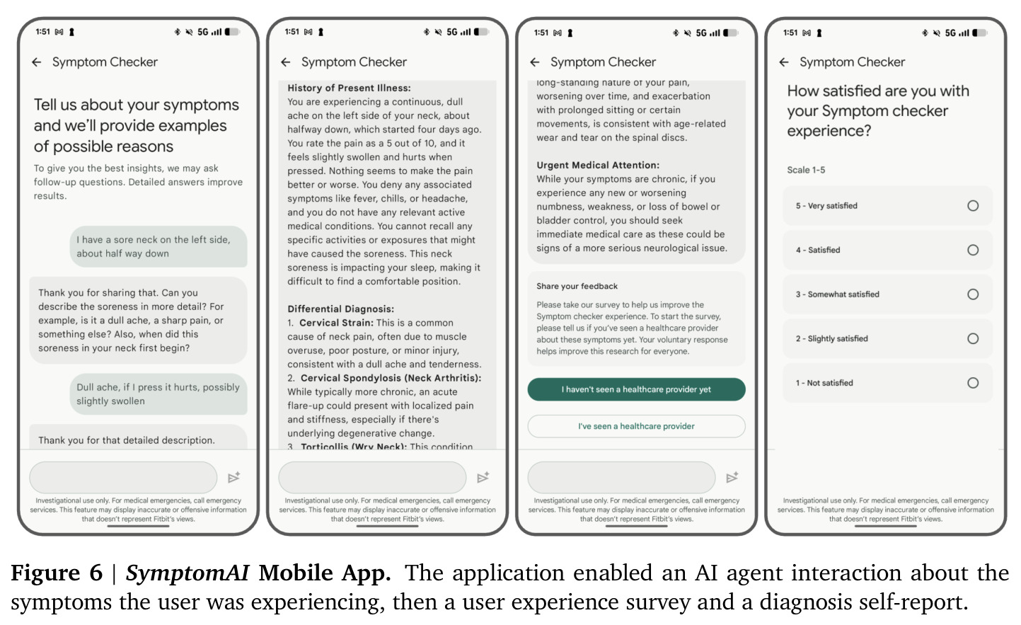 SymptomAI Mobile App. The application enabled an AI agent interaction about the symptoms the user was experiencing, then a user experience survey and a diagnosis self-report.