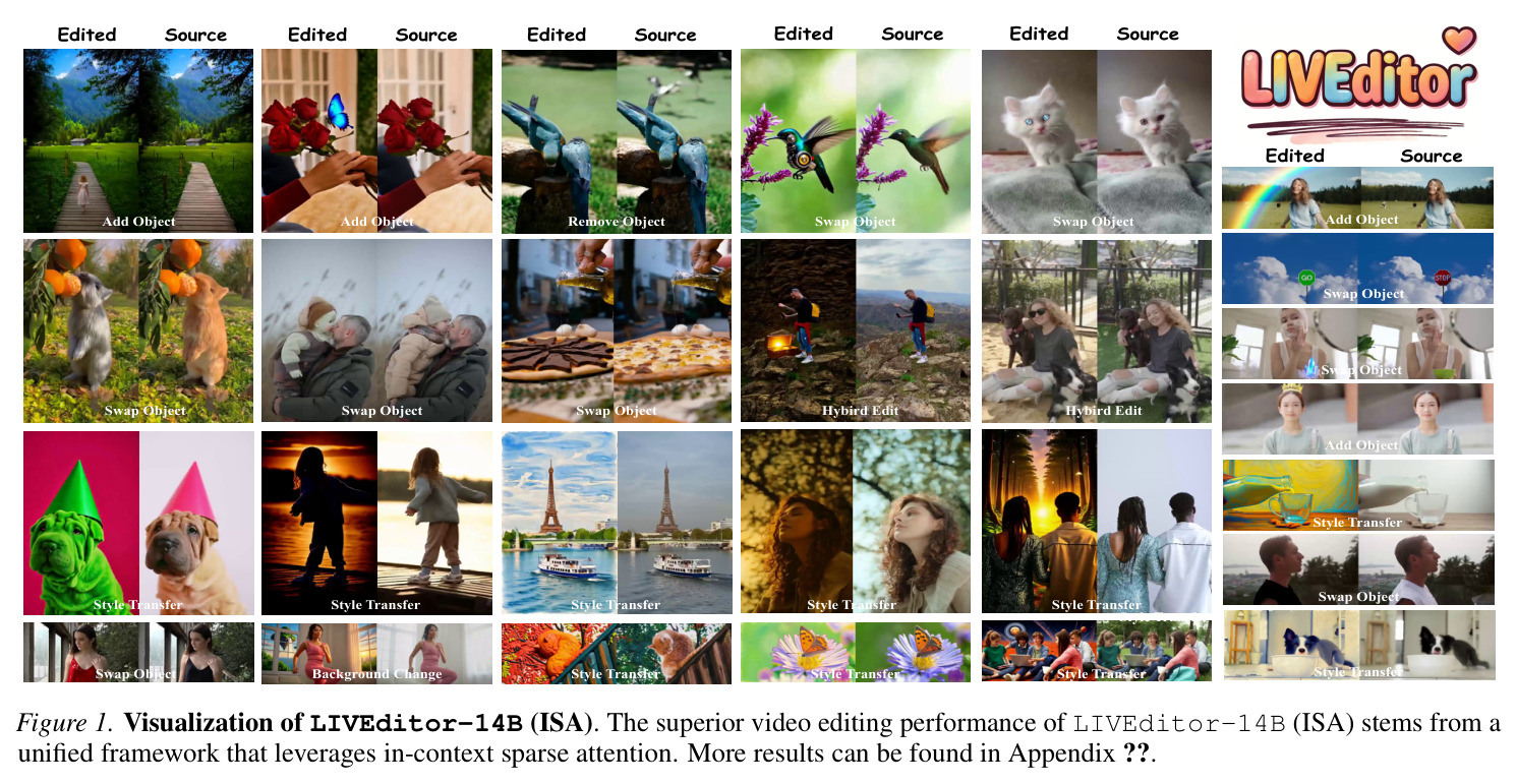 Visualization of LIVEditor-14B (ISA). The superior video editing performance of LIVEditor-14B (ISA) stems from a unified framework that leverages in-context sparse attention.