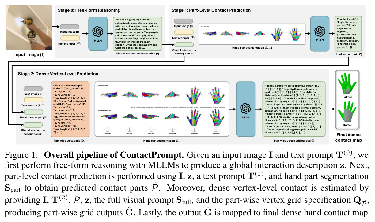 Overall pipeline of ContactPrompt. Given an input image I and text prompt T(0), we first perform free-form reasoning with MLLMs to produce a global interaction description z. Next, part-level contact prediction is performed using I, z, a text prompt T(1), and hand part segmentation S_part to obtain predicted contact parts P̂. Moreover, dense vertex-level contact is estimated by providing I, T(2), P̂, z, the full visual prompt S_full, and the part-wise vertex grid specification Q_P̂, producing part-wise grid outputs Ĝ. Lastly, the output Ĝ is mapped to final dense hand contact map.