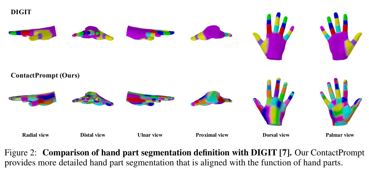 Comparison of hand part segmentation definition with DIGIT [7]. Our ContactPrompt provides more detailed hand part segmentation that is aligned with the function of hand parts.