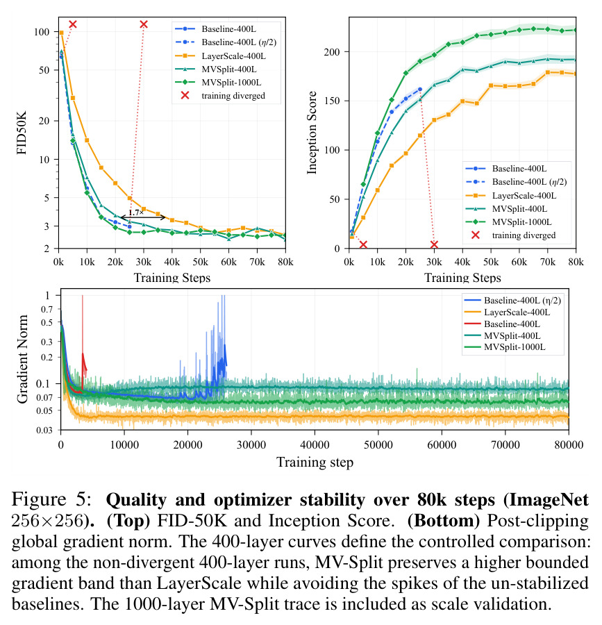 Quality and optimizer stability over 80k steps (ImageNet 256×256).