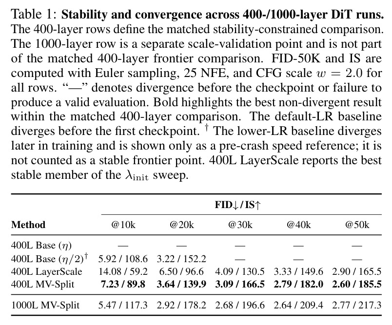 Stability and convergence across 400-/1000-layer DiT runs.