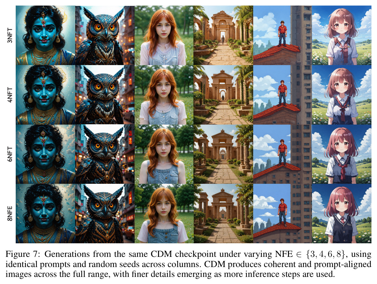 Visual evidence on the role of the DM loss. Samples from teacher models (SD3-Medium and Longcat-Image) with and without CFG, compared against student models distilled with the DM loss alone.