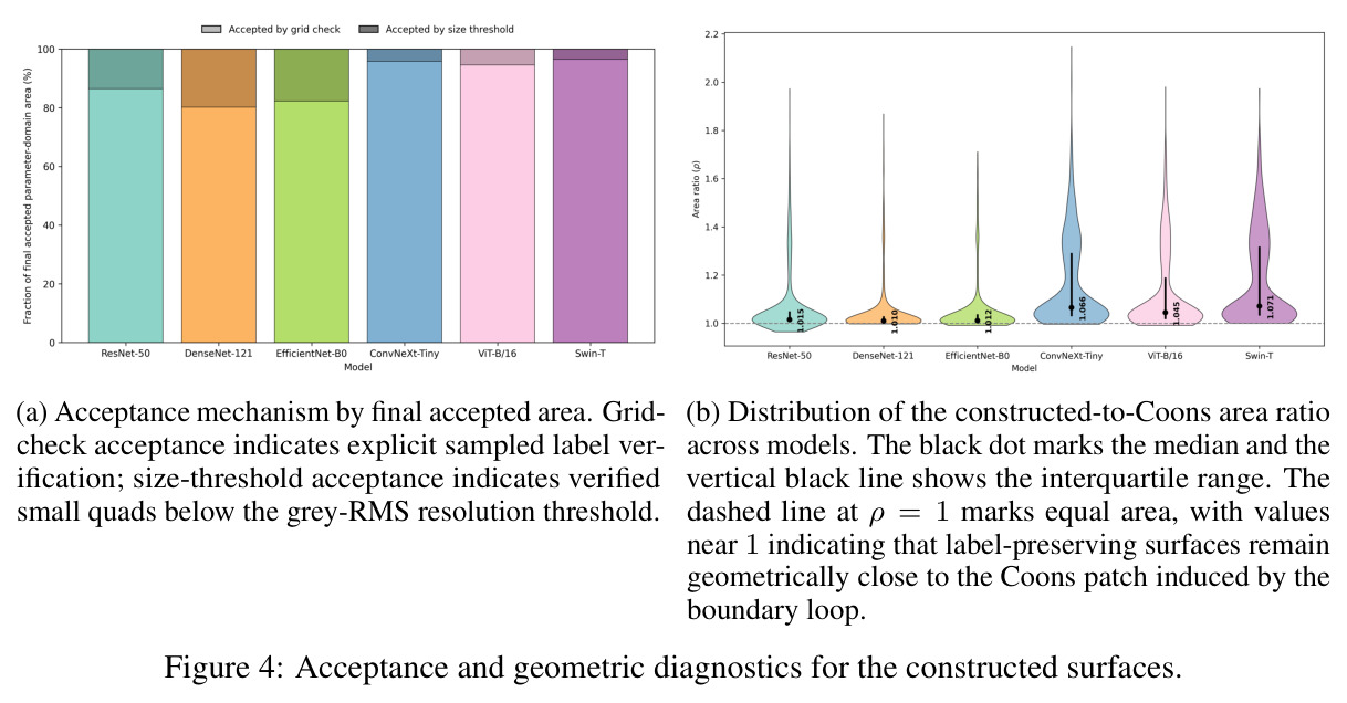 Acceptance and geometric diagnostics for the constructed surfaces.