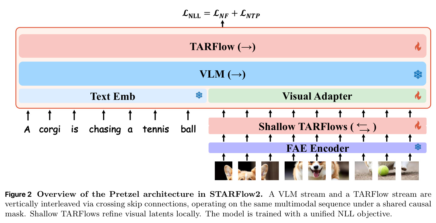 Overview of the Pretzel architecture in STARFlow2. A VLM stream and a TARFlow stream are vertically interleaved via crossing skip connections, operating on the same multimodal sequence under a shared causal mask.