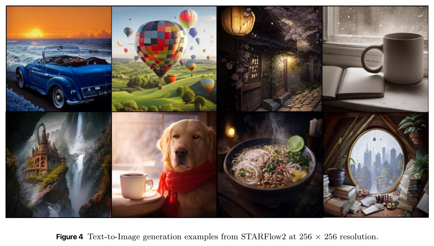 Text-to-Image generation examples from STARFlow2 at 256 × 256 resolution.