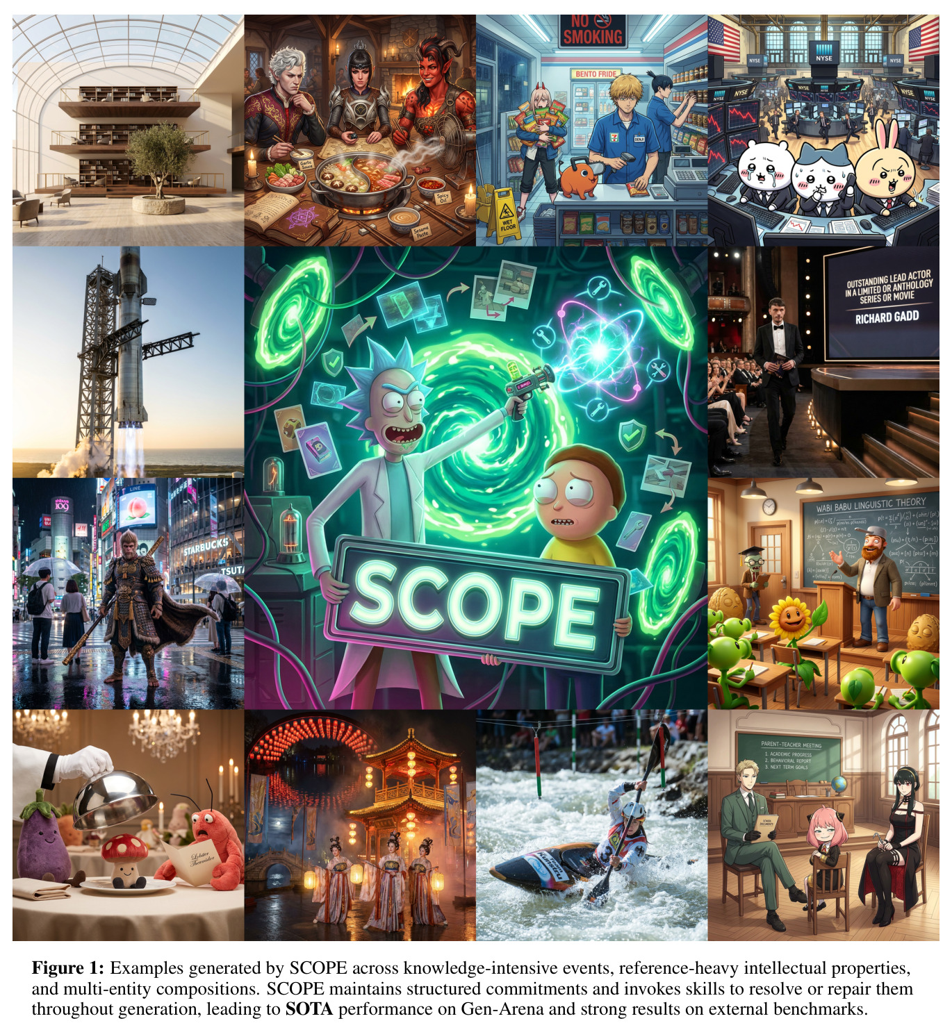 Examples generated by SCOPE across knowledge-intensive events, reference-heavy intellectual properties, and multi-entity compositions