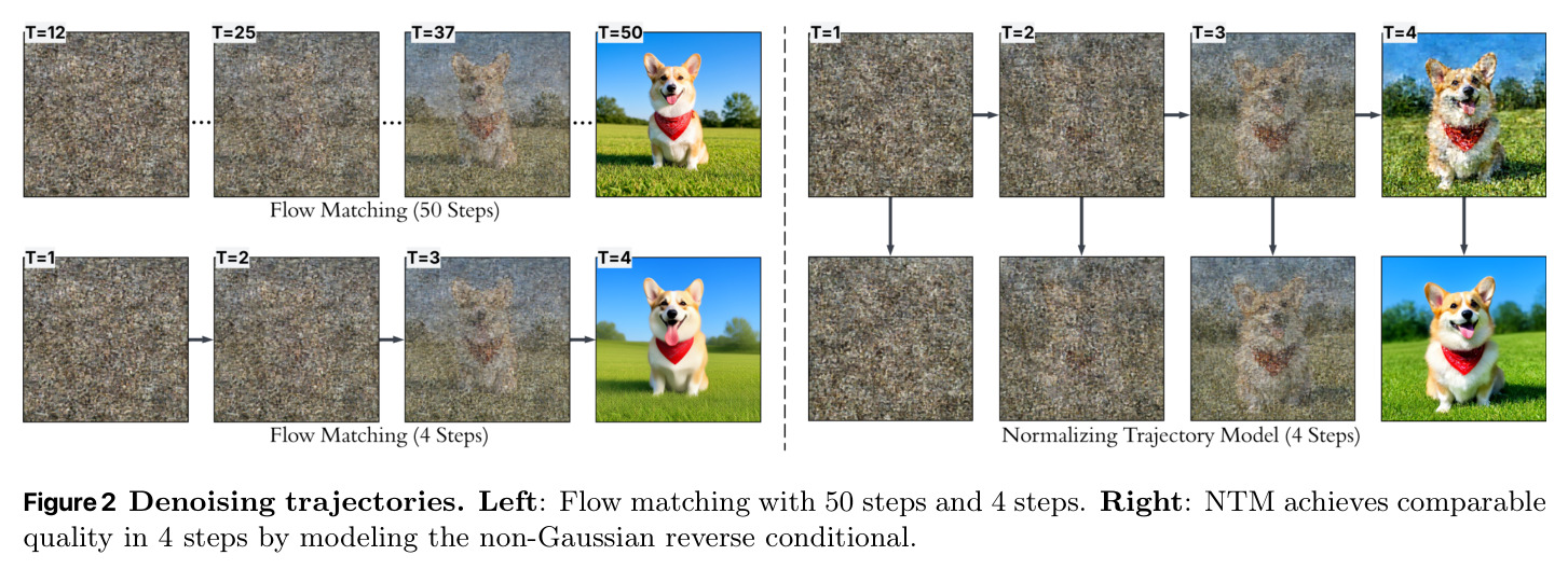Denoising trajectories. Left: Flow matching with 50 steps vs 4 steps. Right: NTM achieves comparable quality in 4 steps by modeling the non-Gaussian reverse conditional.