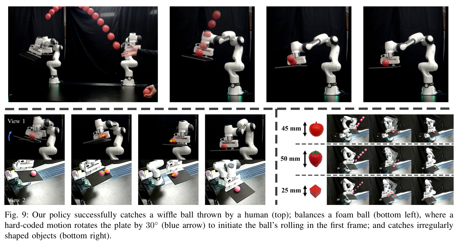 Our policy successfully catches a wiffle ball thrown by a human (top); balances a foam ball (bottom left), where a hard-coded motion rotates the plate by 30◦ (blue arrow) to initiate the ball's rolling in the first frame; and catches irregularly shaped objects (bottom right).