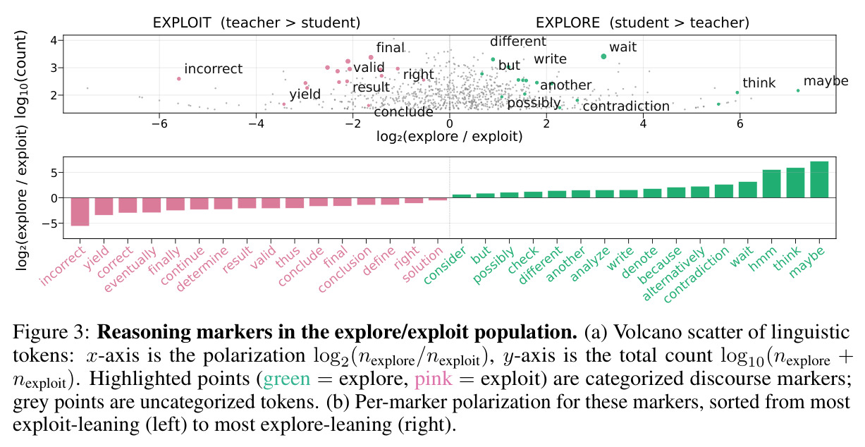 Reasoning markers in the explore/exploit population. (a) Volcano scatter of linguistic tokens; (b) Per-marker polarization sorted from most exploit-leaning to most explore-leaning.
