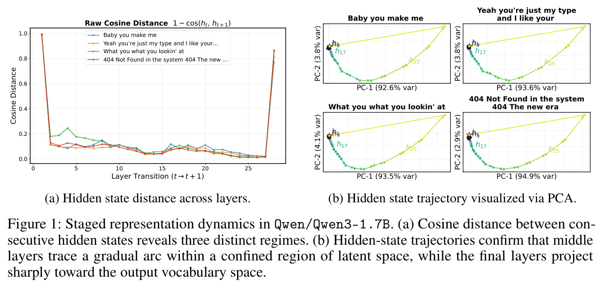 Staged representation dynamics in Qwen/Qwen3-1.7B. (a) Cosine distance between consecutive hidden states reveals three distinct regimes. (b) Hidden-state trajectories confirm that middle layers trace a gradual arc within a confined region of latent space, while the final layers project sharply toward the output vocabulary space.