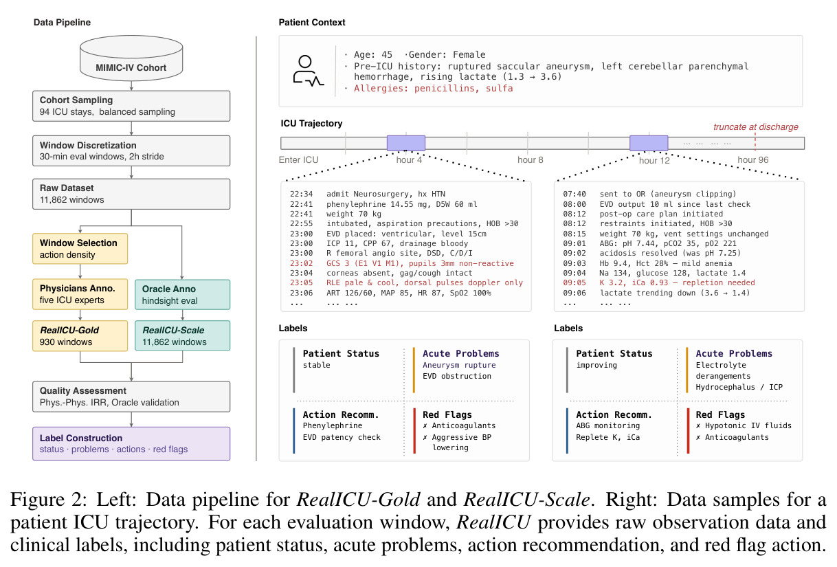 Data pipeline for RealICU-Gold and RealICU-Scale (left); Data samples for a patient ICU trajectory (right).