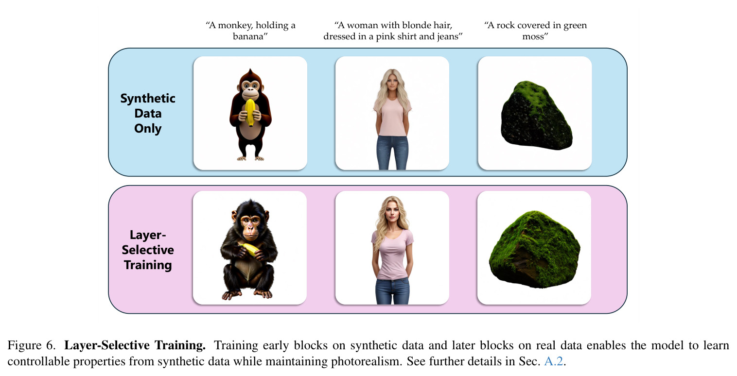 Layer-Selective Training. Training early blocks on synthetic data and later blocks on real data enables the model to learn controllable properties from synthetic data while maintaining photorealism.