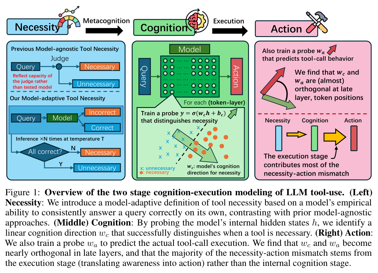 Overview of the two stage cognition-execution modeling of LLM tool-use