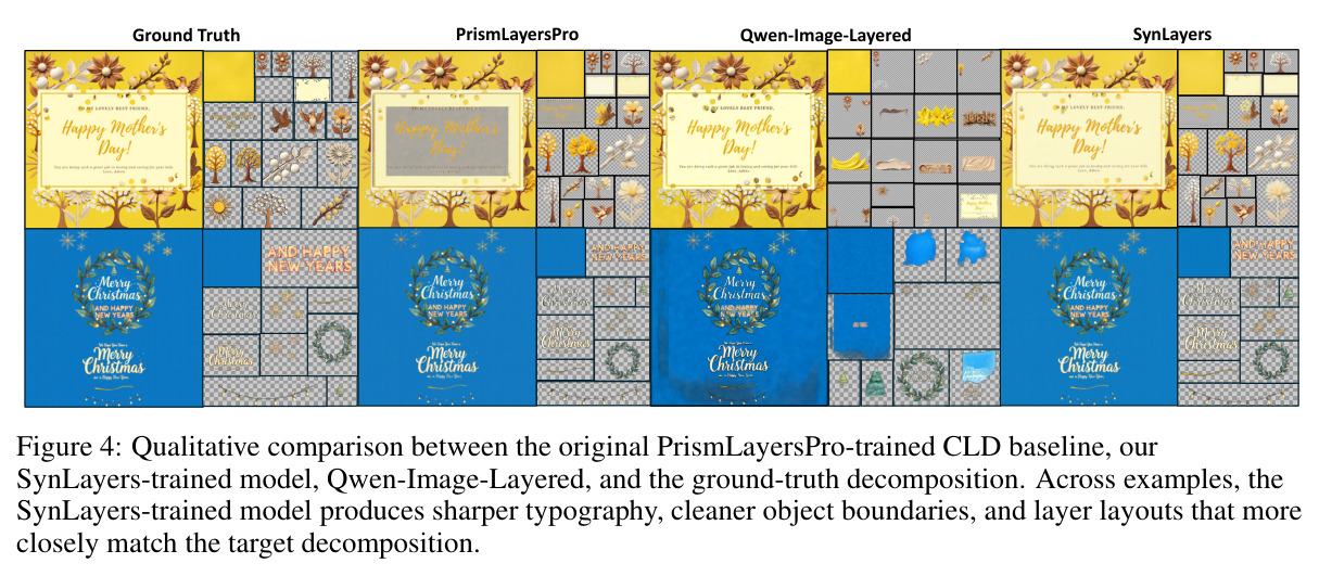 Qualitative comparison between the original PrismLayersPro-trained CLD baseline, our SynLayers-trained model, Qwen-Image-Layered, and the ground-truth decomposition
