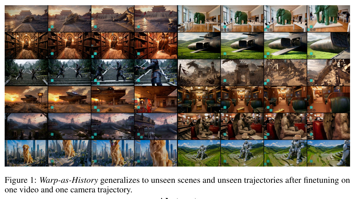 Warp-as-History generalizes to unseen scenes and unseen trajectories after finetuning on one video and one camera trajectory.