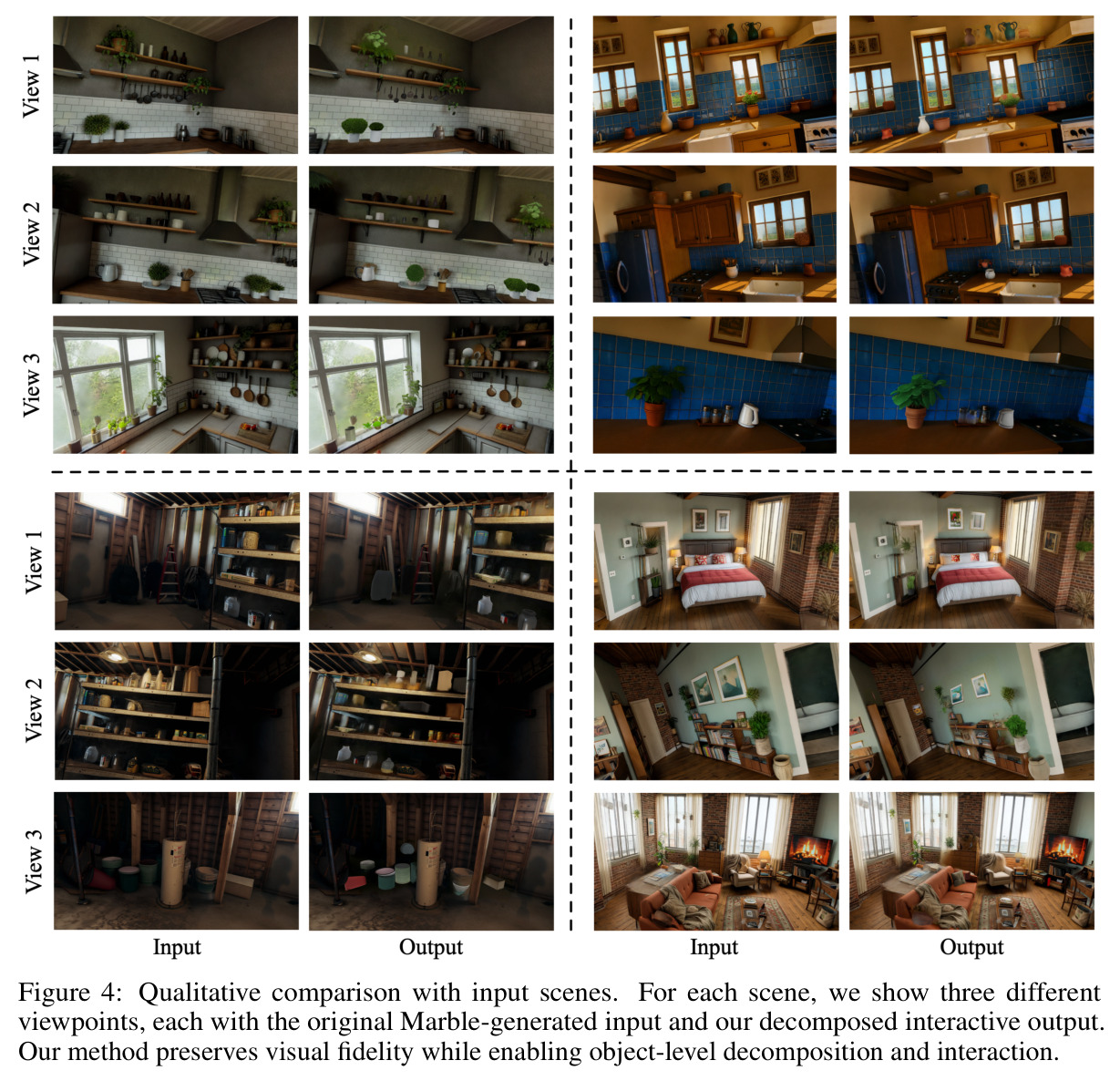 Qualitative comparison with input Marble-generated scenes across multiple viewpoints.