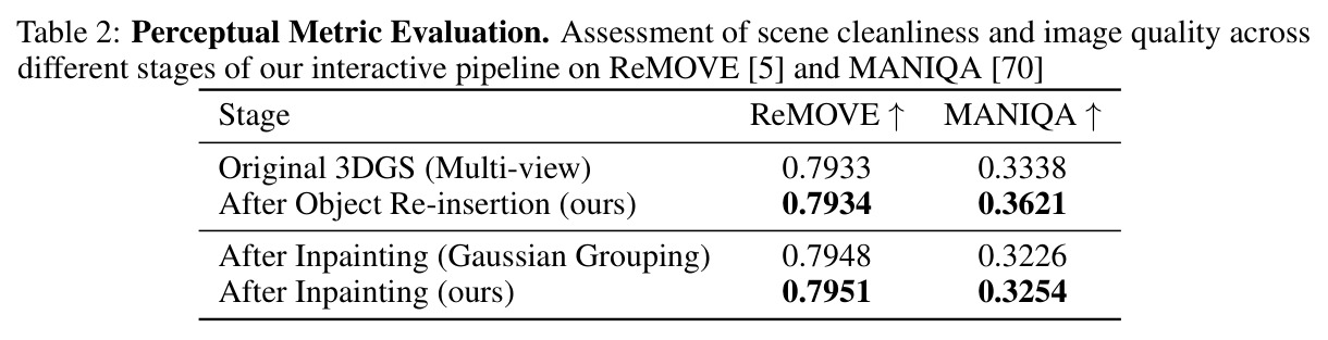 Perceptual Metric Evaluation (ReMOVE / MANIQA) across pipeline stages.
