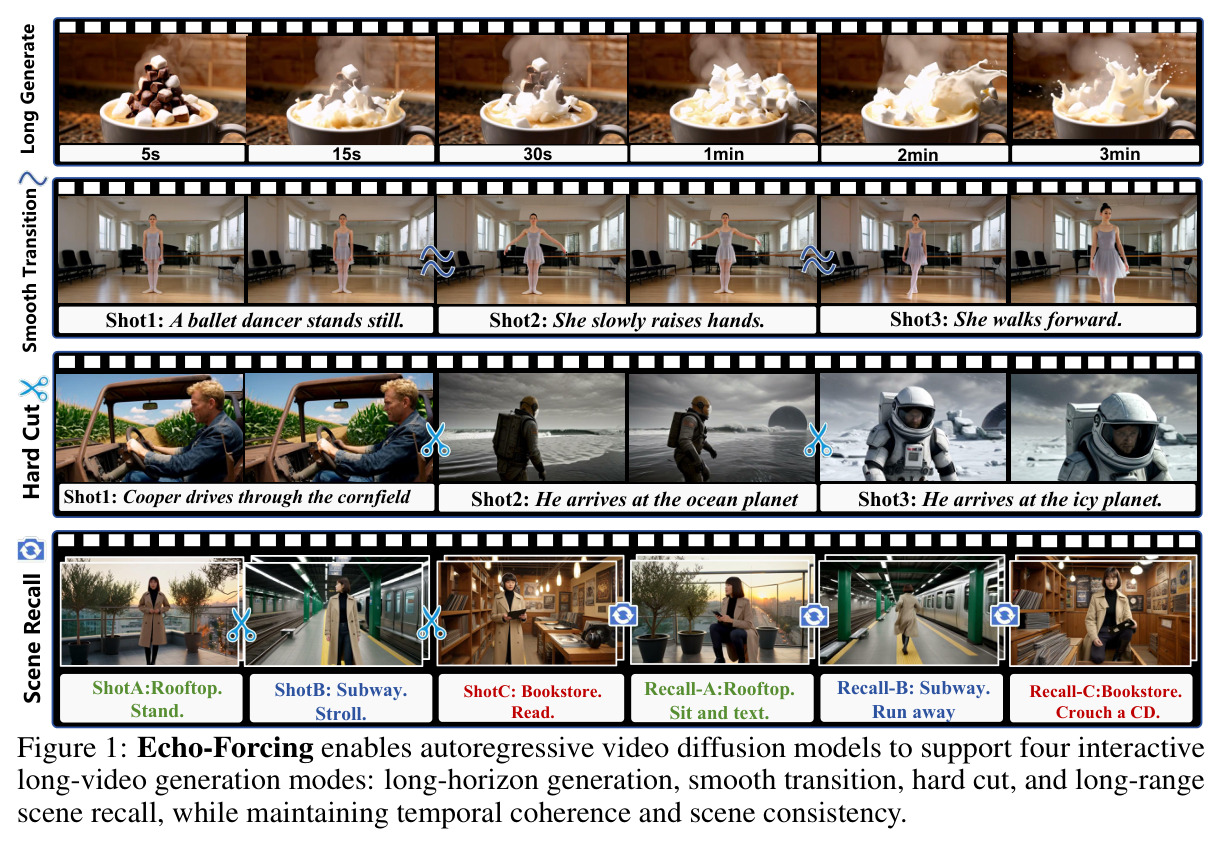 Echo-Forcing enables autoregressive video diffusion models to support four interactive long-video generation modes: long-horizon generation, smooth transition, hard cut, and long-range scene recall.