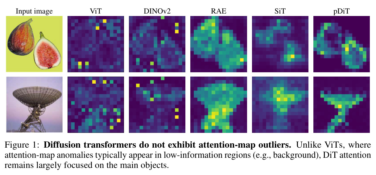 Diffusion transformers do not exhibit attention-map outliers