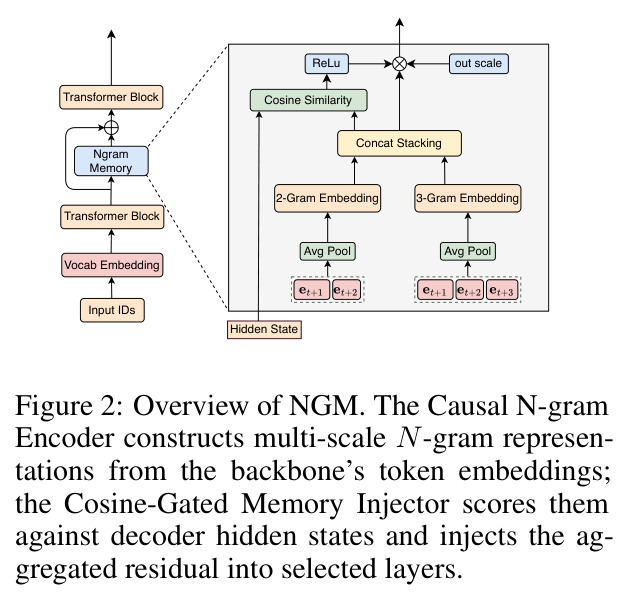 Overview of NGM. The Causal N-gram Encoder constructs multi-scale N-gram representations from the backbone's token embeddings; the Cosine-Gated Memory Injector scores them against decoder hidden states and injects the aggregated residual into selected layers.