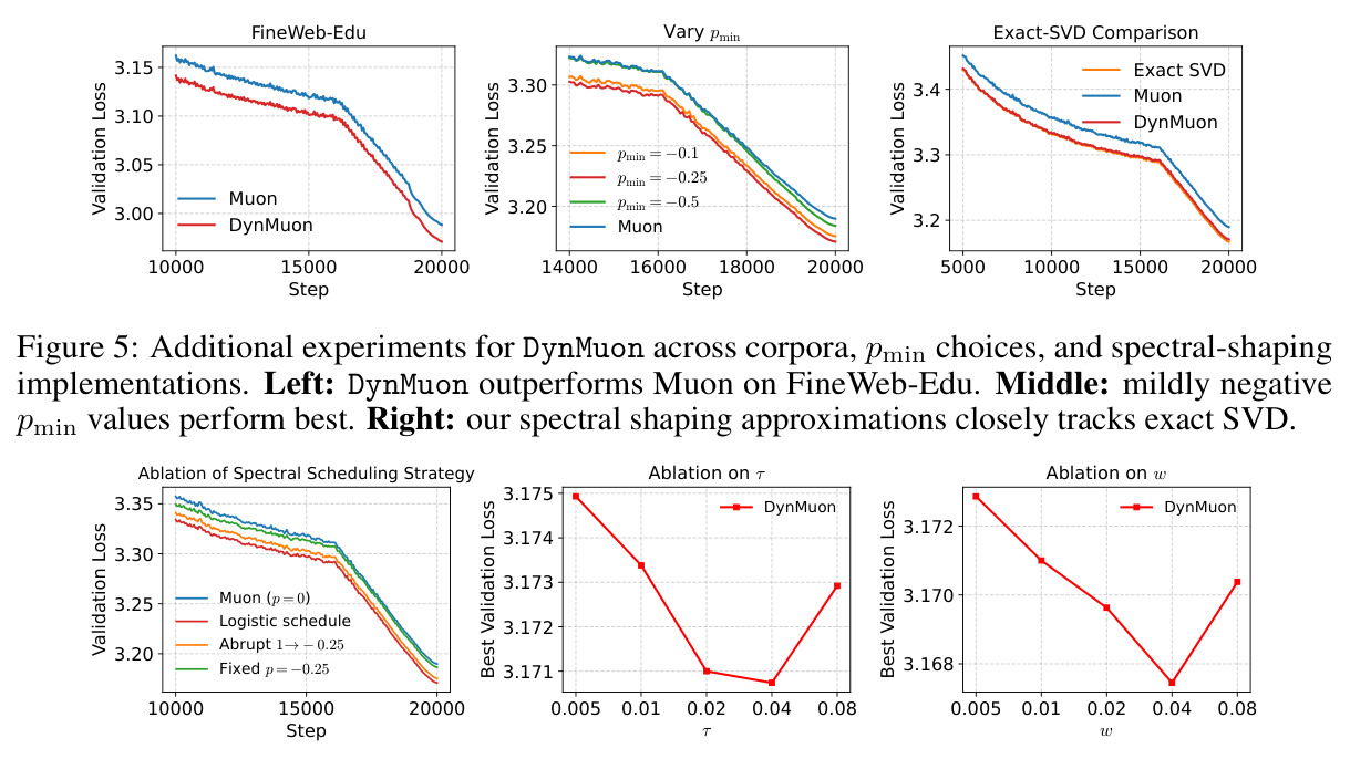 Additional experiments for DynMuon across corpora, pmin choices, and spectral-shaping implementations.