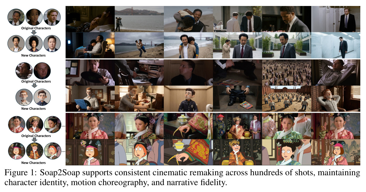 Soap2Soap supports consistent cinematic remaking across hundreds of shots, maintaining character identity, motion choreography, and narrative fidelity.
