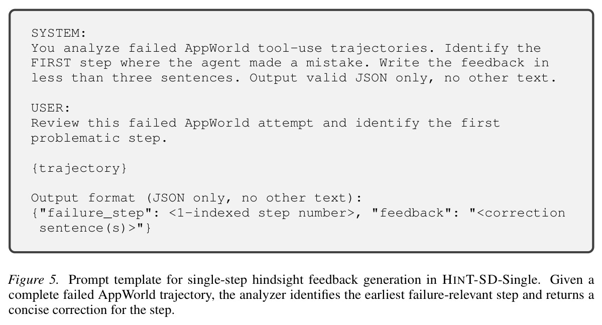 Prompt template for multi-step hindsight feedback generation in HINT-SD-Multi.