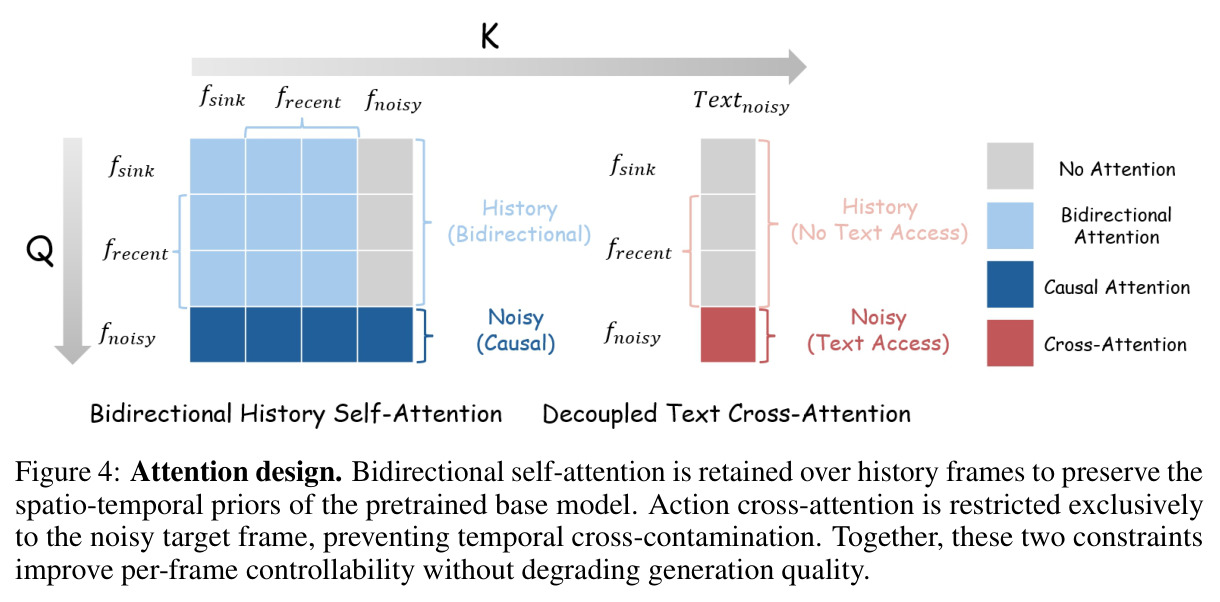 Attention design: bidirectional history self-attention + decoupled text cross-attention restricted to the noisy target frame