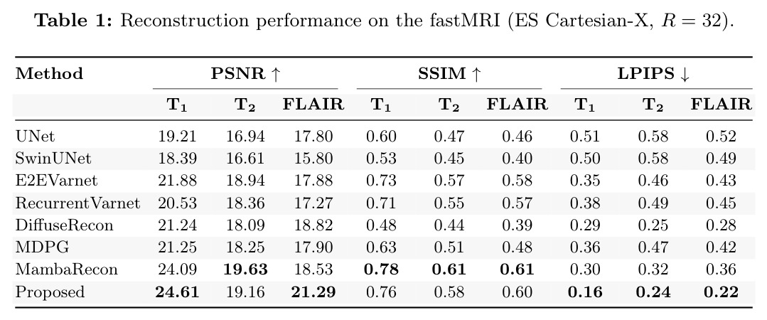 Reconstruction performance on the fastMRI (ES Cartesian-X, R = 32)