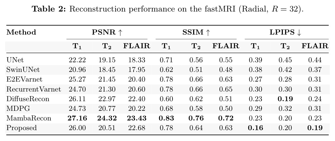 Reconstruction performance on the fastMRI (Radial, R = 32)