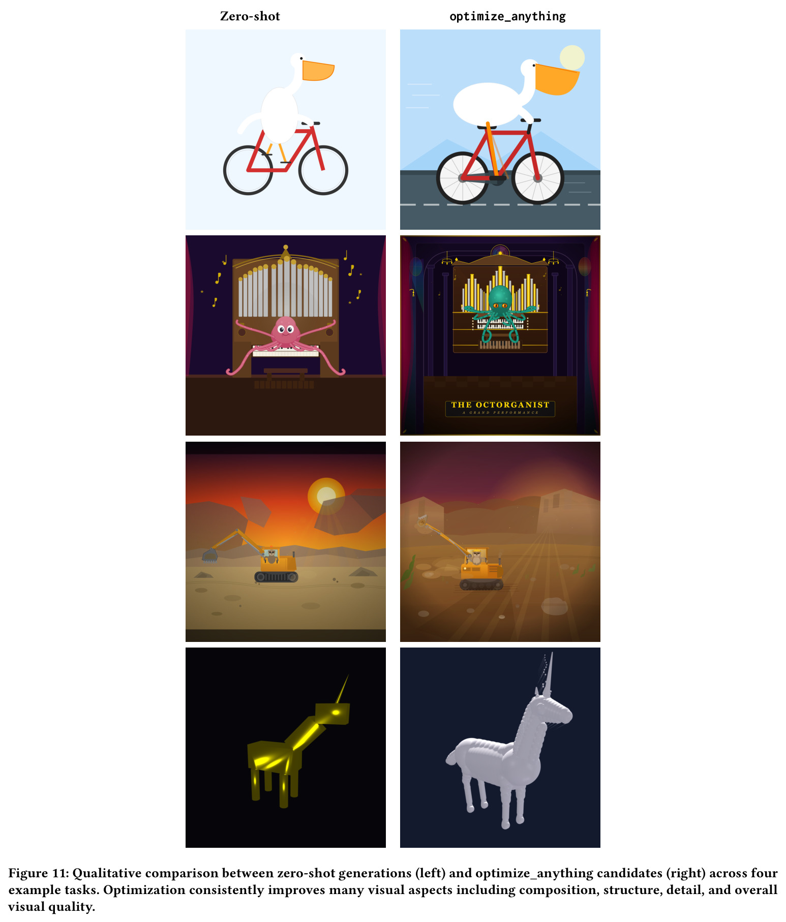 Qualitative comparison between zero-shot generations (left) and optimize_anything candidates (right) across four example tasks. Optimization consistently improves many visual aspects including composition, structure, detail, and overall visual quality.
