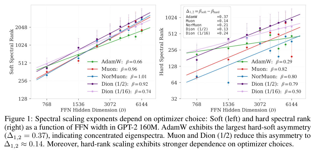 Spectral scaling exponents depend on optimizer choice: Soft (left) and hard spectral rank (right) as a function of FFN width in GPT-2 160M.