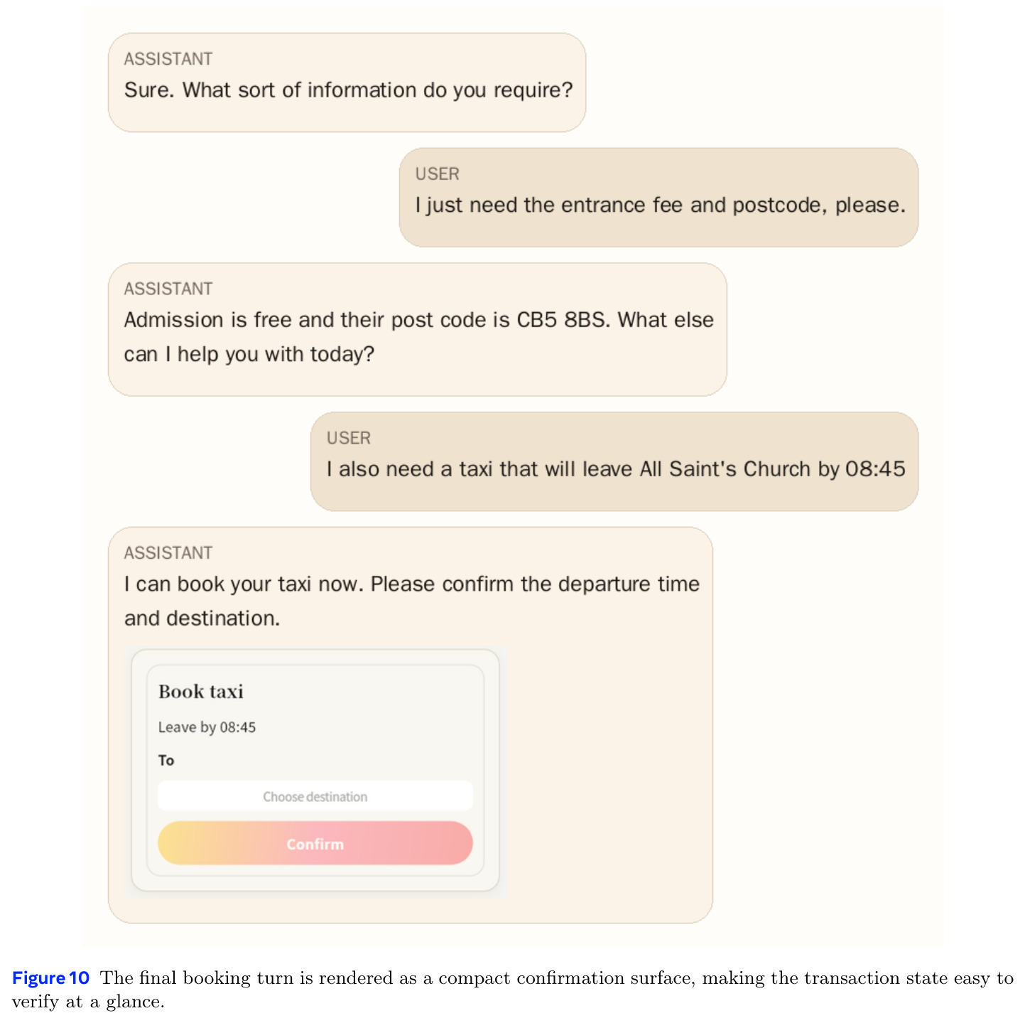 Qualitative case examples spanning motivational interviewing (Fig. 7), childcare planning (Fig. 8), supportive counseling (Fig. 9), and final booking confirmation (Fig. 10).